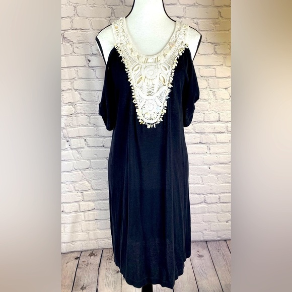 Nanette Lepore Black White Embroidered Crochet Beaded Cold Shoulder Dress Large - Picture 1 of 11